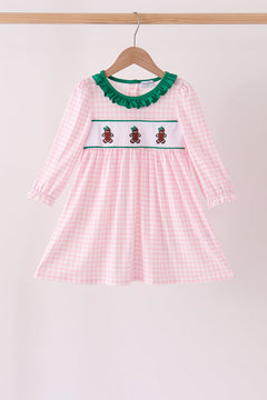 Pink Plaid Gingerbread Embroidery Ruffle Dress