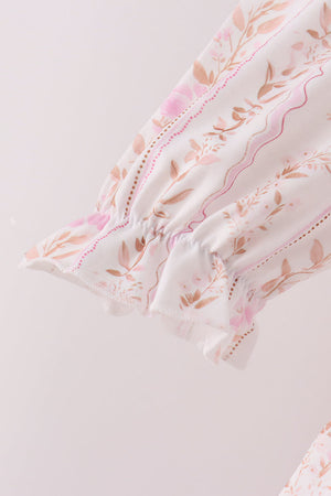 Pink floral turkey embroidery ruffle pants set