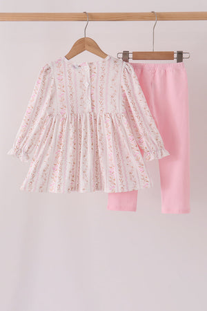 Pink floral turkey embroidery ruffle pants set