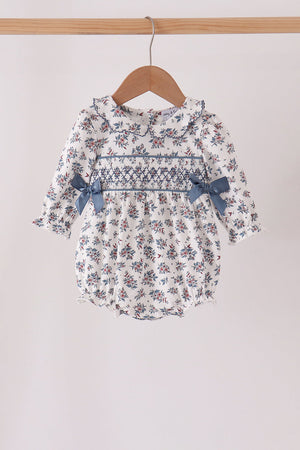 Teal floral smocked bow bubble