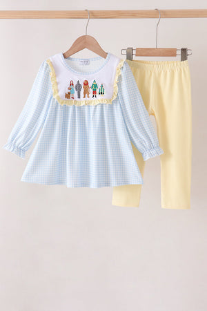 Blue character embroidery gingham ruffle pants set