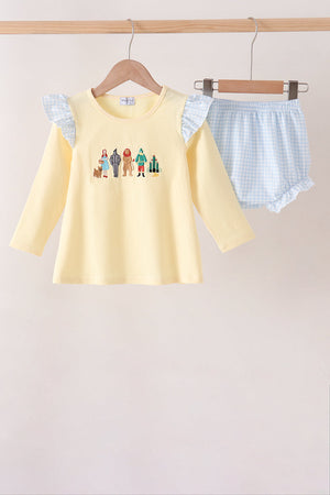 Beige character embroidery gingham bloomer set