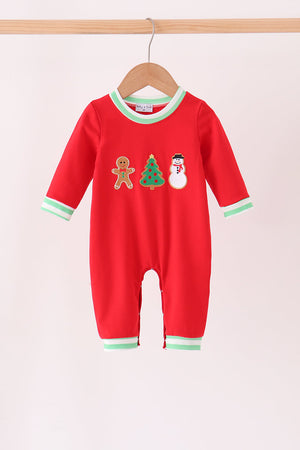 Red Gingerbread Tree Embroidery Romper