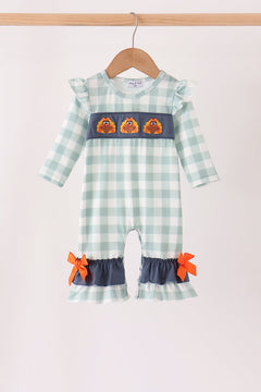 Sage Turkey Embroidery Gingham Ruffle Romper