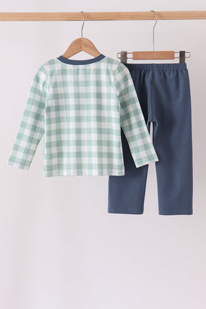 Sage Turkey Embroidery Gingham Pants Set