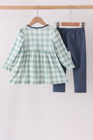Sage Turkey Embroidery Gingham 2pc Pants Set