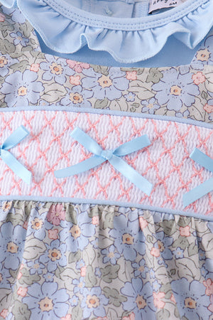 Blue Floral Bow Smocked 2pc Bubble Set