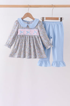 Blue Floral Bow Smocked Ruffle Pants Set
