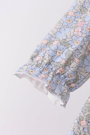 Blue Floral Bow Smocked Ruffle Pants Set