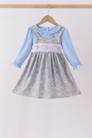 Blue Floral Bow Smocked 2pc Set
