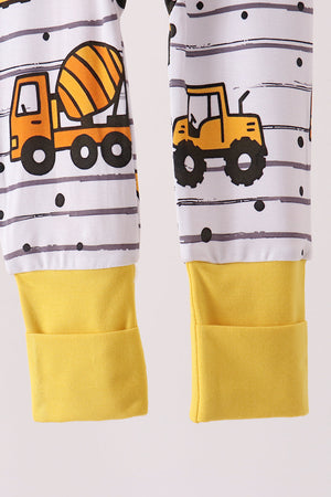 Yellow Construction Trucks Zip Bamboo Romper