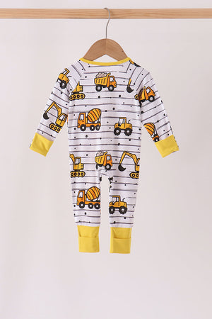 Yellow Construction Trucks Zip Bamboo Romper