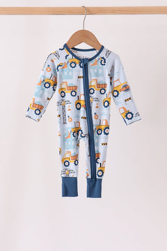 Blue Construction Trucks Zip Bamboo Romper