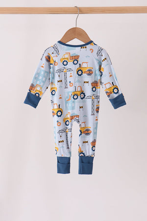 Blue Construction Trucks Zip Bamboo Romper