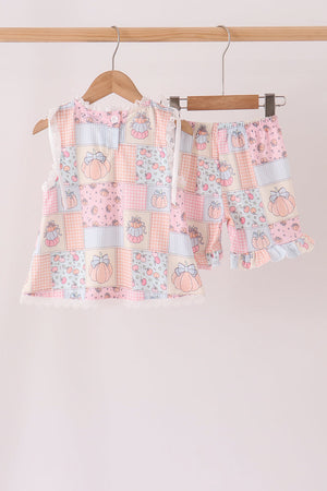 Pink pumpkin ruffle shorts set