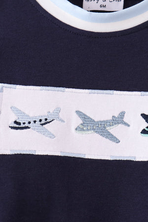 Navy Airplane Embroidery Romper