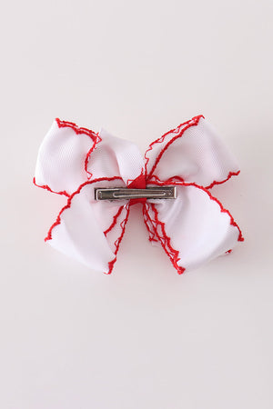 Red reindeer embroidery crochet edge hair bow
