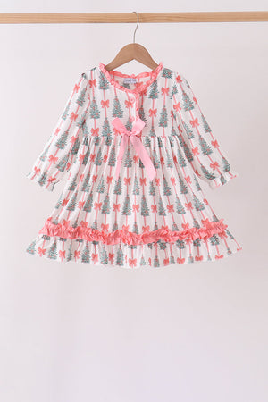 Pink Christmas Tree Bow Ruffle Dress