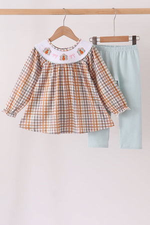 Khaki Turkey Bow Embroidery Pants Set