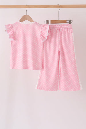 Pink polka dot pocket ruffle pants set