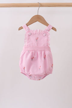 Pink stripe seersucker flamingo embroidery ruffle bubble