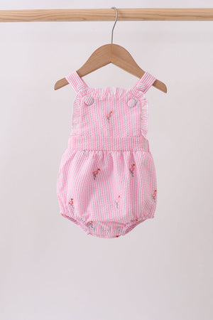 Pink stripe seersucker flamingo embroidery ruffle bubble