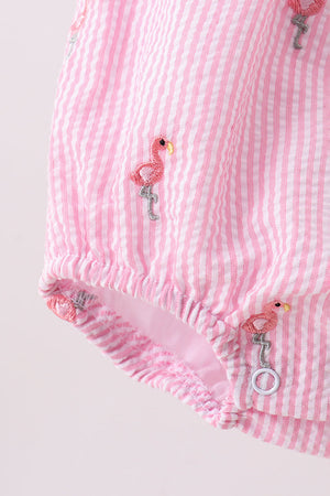 Pink stripe seersucker flamingo embroidery ruffle bubble