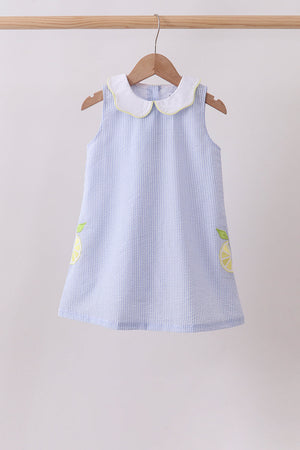 Blue stripe seersucker lemon applique dress