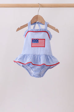 Blue flag applique gingham ruffle one-piece swimsuit