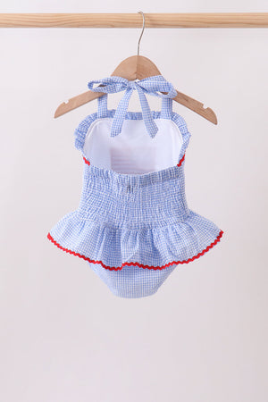 Blue flag applique gingham ruffle one-piece swimsuit