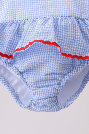 Blue flag applique gingham ruffle one-piece swimsuit