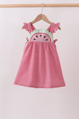 Red watermelon ruffle gingham dress