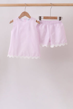 Pink Seersucker Stripe Scalloped Shorts Set
