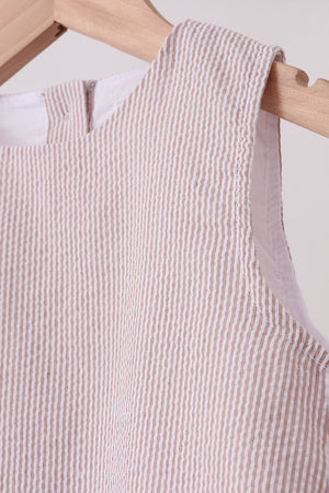 Khaki Seersucker Stripe Scalloped Dress