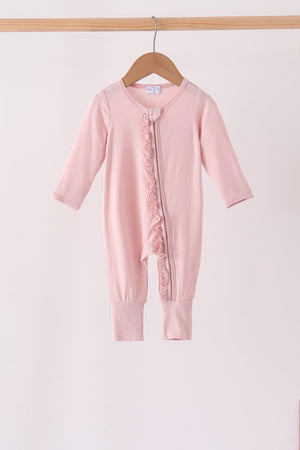 Pink ruffle zipper bamboo romper