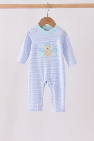 Blue turkey embroidery stripe romper