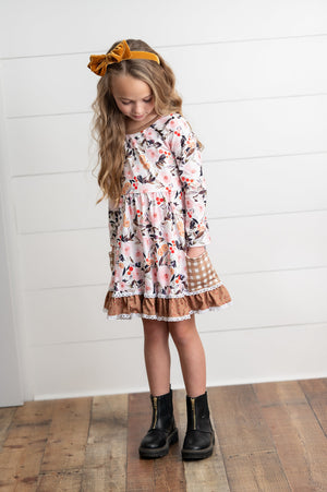 Brown Check Pocket Floral Dress