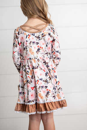 Brown Check Pocket Floral Dress