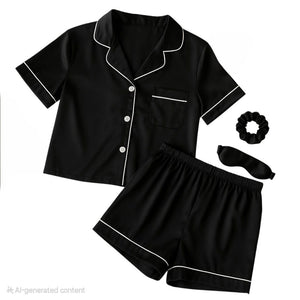 Women's Black Silk Pajamas Set Short Sleeve Sleepwear Satin Button Down Pj Sets 4Pcs Pjs Shorts Hairband Hair Loop