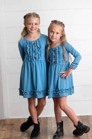Solid Blue Ruffle Long Sleeve Dress