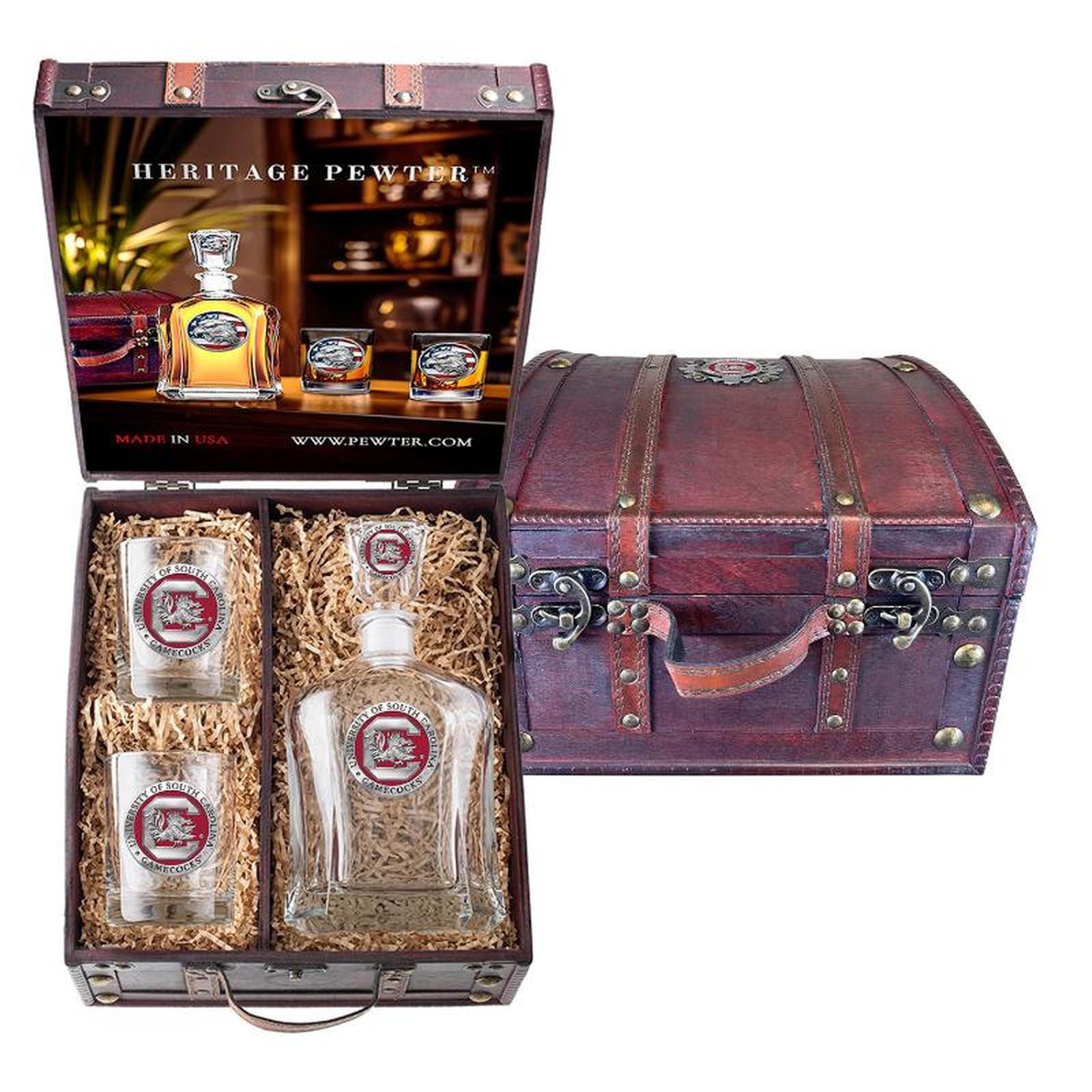 University of South Carolina Capitol Decanter and 2 Glasses with Chest Box