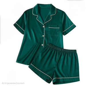 Women's Green Silk Pajamas Set Short Sleeve Sleepwear Satin Button Down Pj Sets 4Pcs Pjs Shorts Hairband Hair Loop