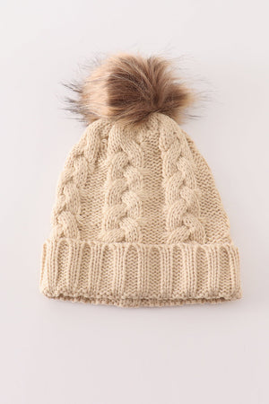 Beige pompom cable beanie hat