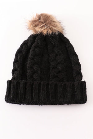 Black pompom cable beanie hat