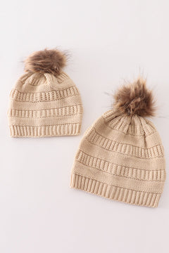 Beige pompom cable beanie hat