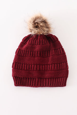 Burgundy pompom cable beanie hat