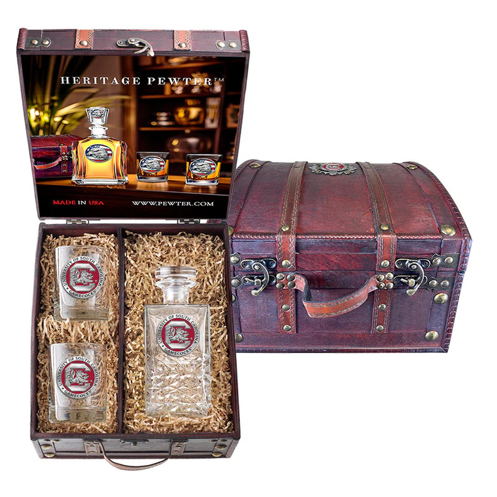 University of South Carolina Heritage Decanter and 2 Glasses with Chest Box