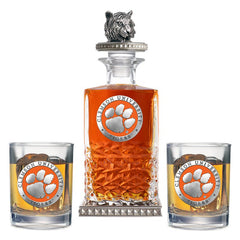 Clemson University Heritage Decanter w/ Tiger Head 3D Top-Diamond Accents & 2 Glasses