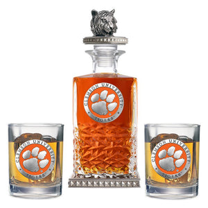 Clemson University Heritage Decanter w/ Tiger Head 3D Top-Diamond Accents & 2 Glasses