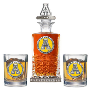 Appalachian State University Heritage Decanter w/ 3D Top-Diamond Accents & 2 Glasses